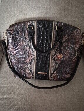 Brahmin Black/Brown Croc and Snake print Satchel with Detachable Strap